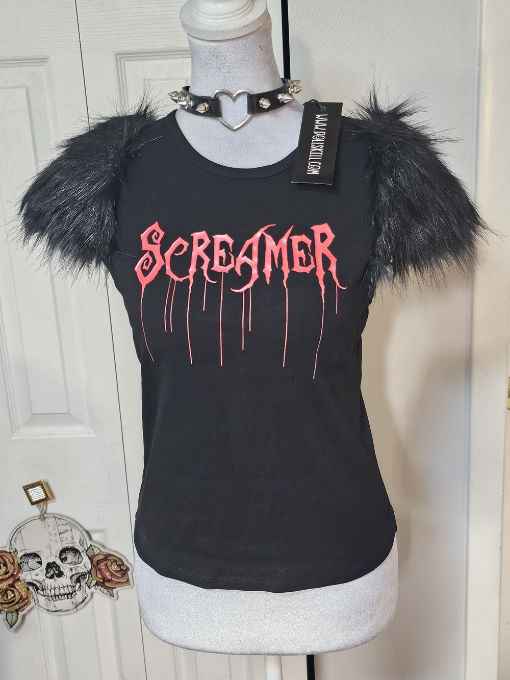 Dolls Kill Black Crop Top with Pink "Screamer" Graphic & Faux Fur Shoulders